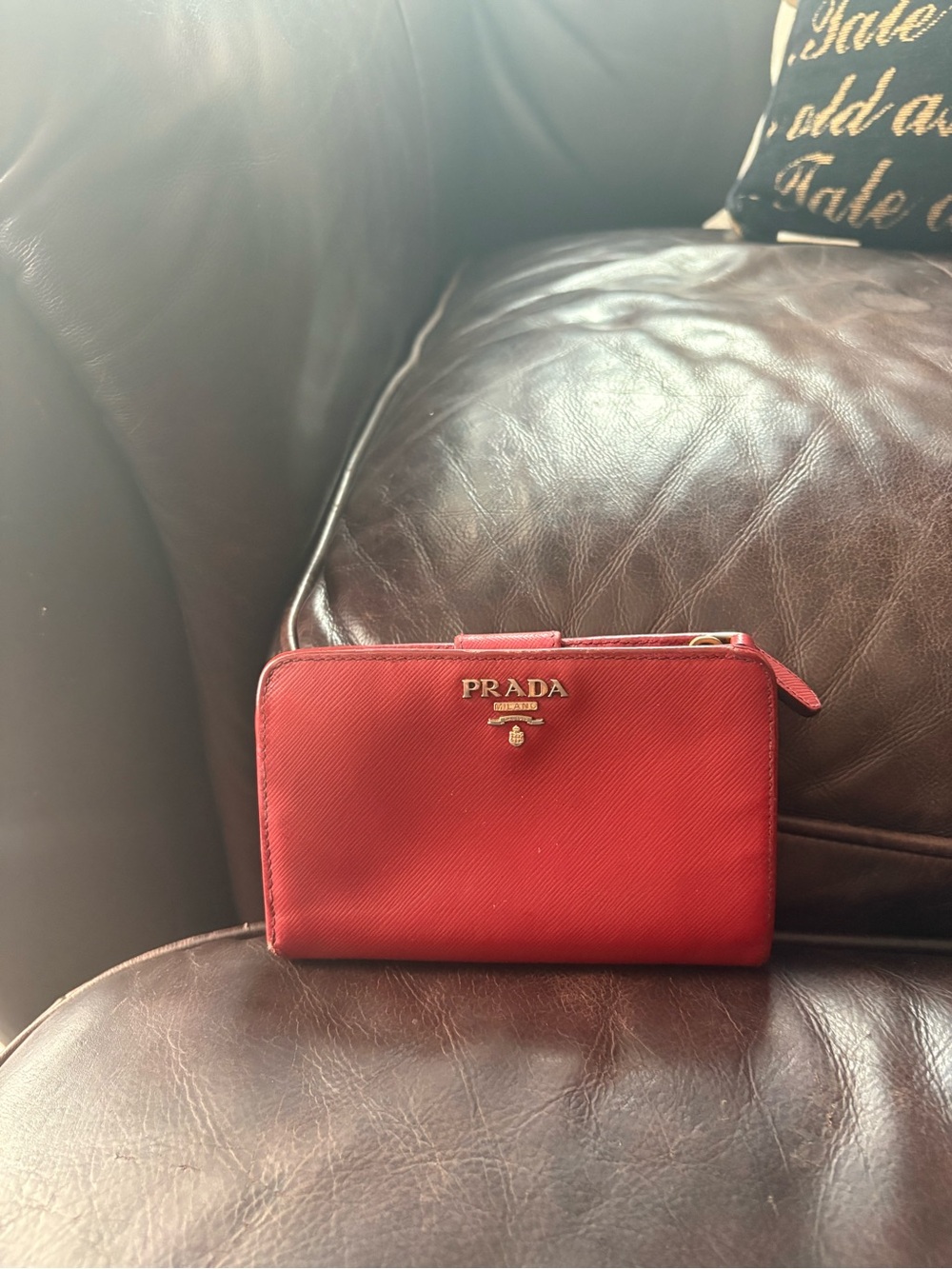 Prada Red Saffiano Zip-Around Card Wallet with Gold Logo